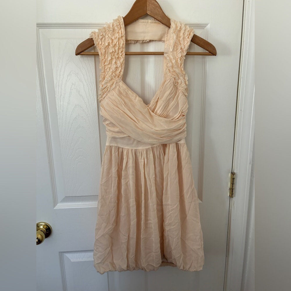Stunning Silk Women’s Bebe Dress WithDraped Bubble Skirt Ruffled Neckline XXS
